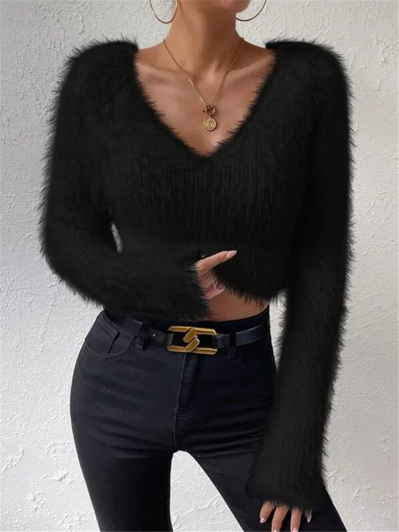 Women's Sweater Sexy V Neck Fashion Long Sleeve Slim Solid Color Cropped Top