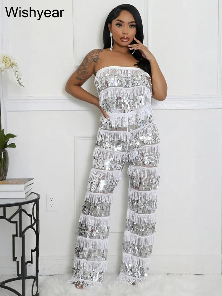 New Luxury Sequin Tassel Women Sleeveless Strapless Crop Tops and Wide Leg Pants Two 2 Piece Sexy Club Birthday Matching Sets
