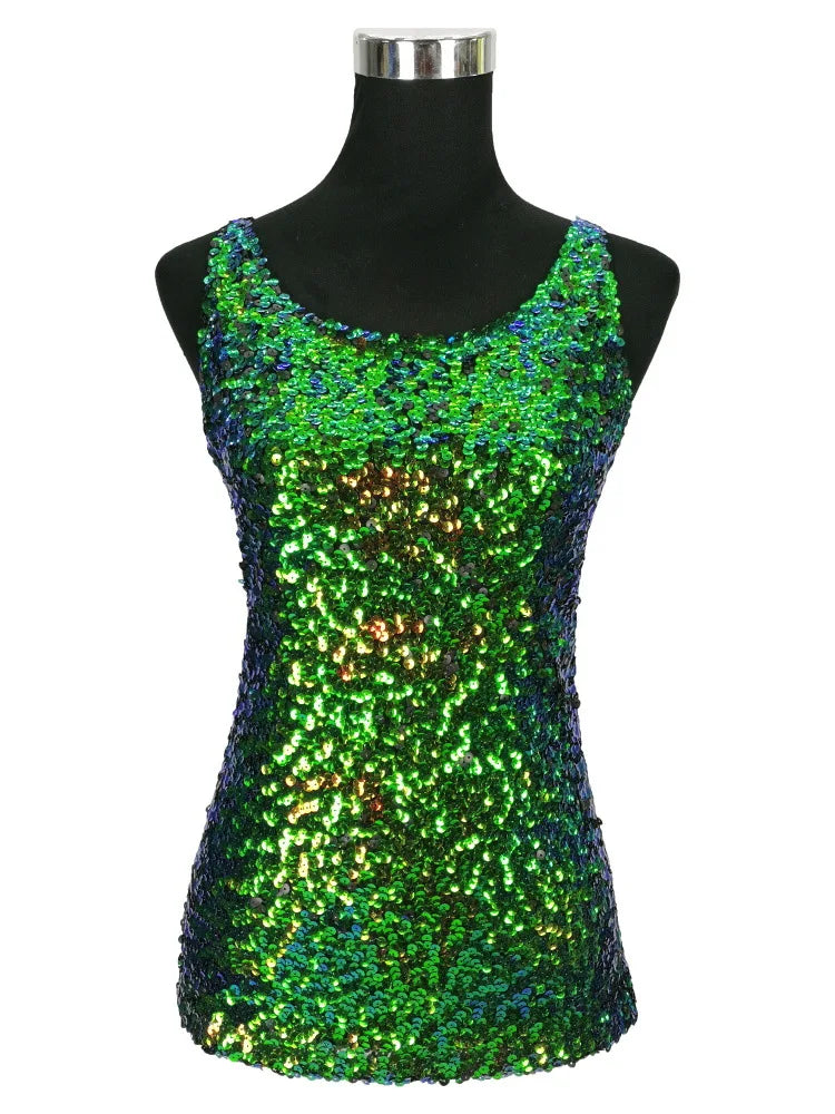 New Women Sequined Spaghetti Camisole Tank Tops Summer Clubwear Tops Sexy Round Neck Sequin Camis Vest Tops Blue