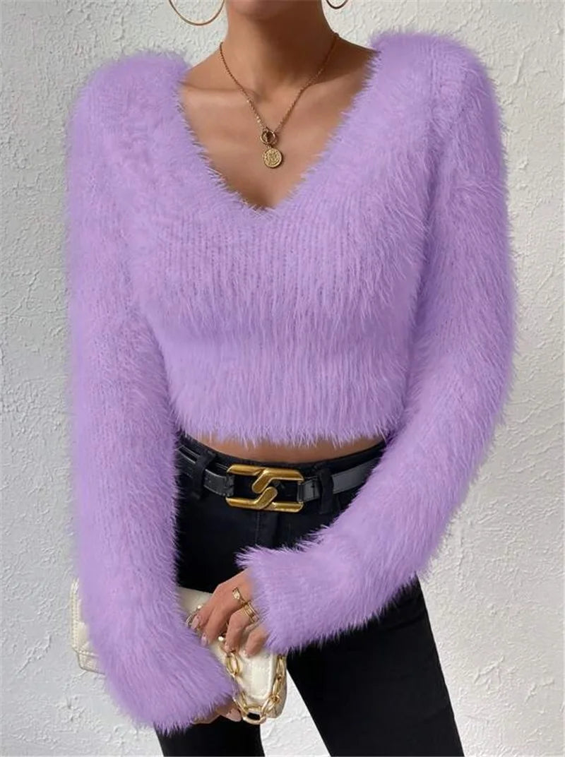 Women's Sweater Sexy V Neck Fashion Long Sleeve Slim Solid Color Cropped Top