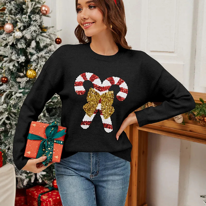 Women's Christmas Sweater with Sequin Candy Cane Bow Pattern Long Sleeve Knitted Pullover for Festive Holiday Outfits