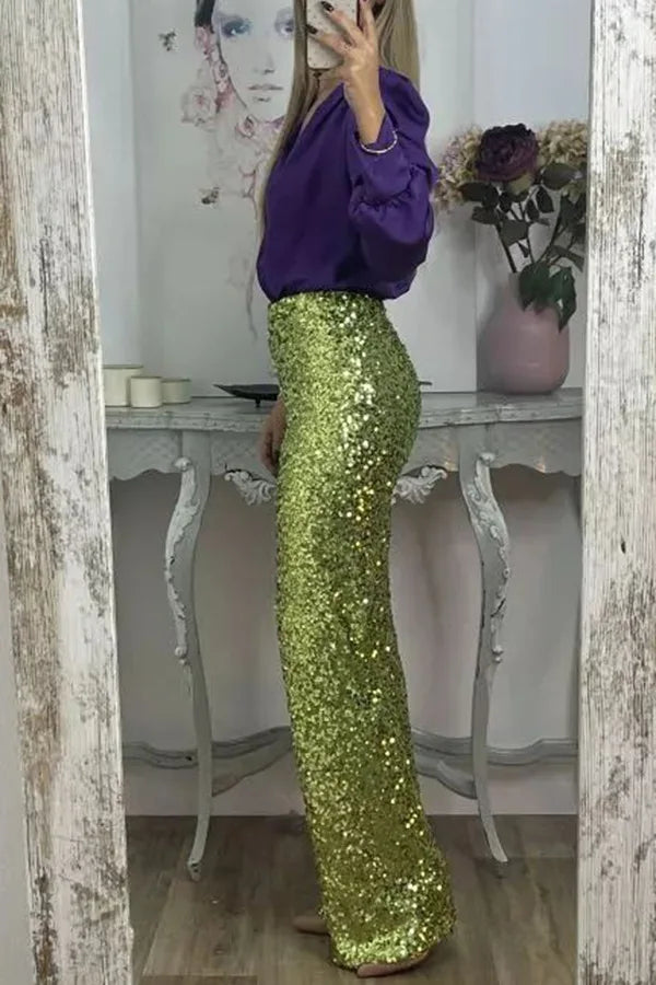 Fashion Sequin Slim Women's Long Pants Spring And Summer New Simple Elegant Party Women Stretch Straight Flared Long Pants 2025