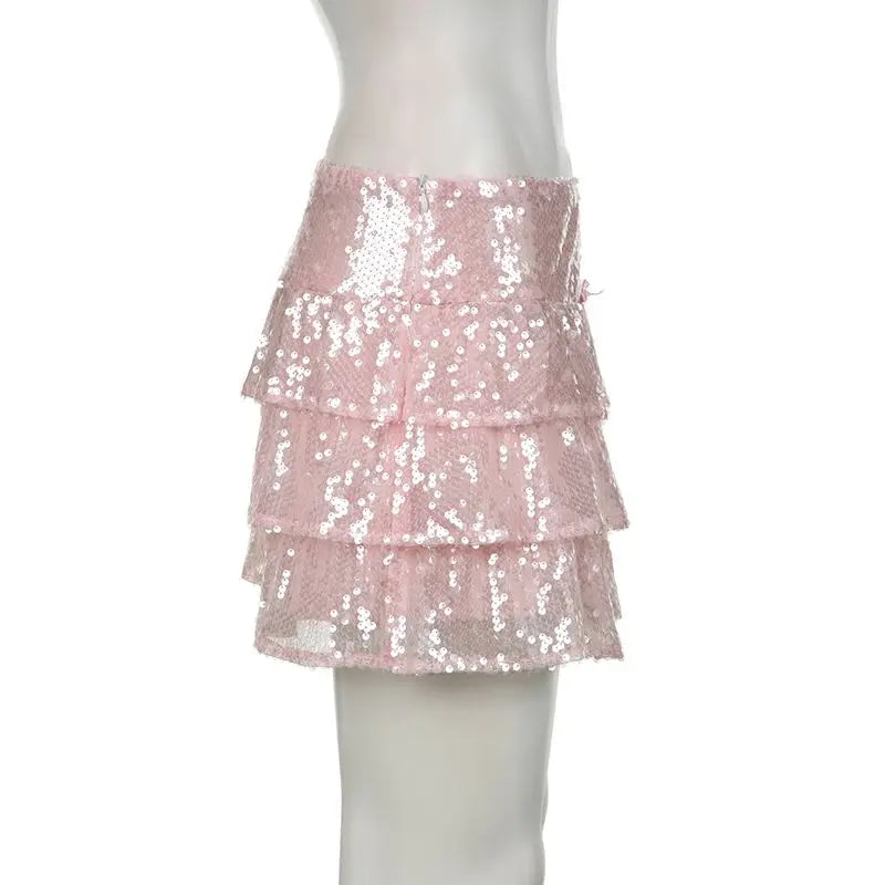 Sequin Skirt Women Pink Skirts for Sweet and Hot Girls Mesh Cake Skirt Summer New Chic Sexy Slim Fit Short Skirt for Women