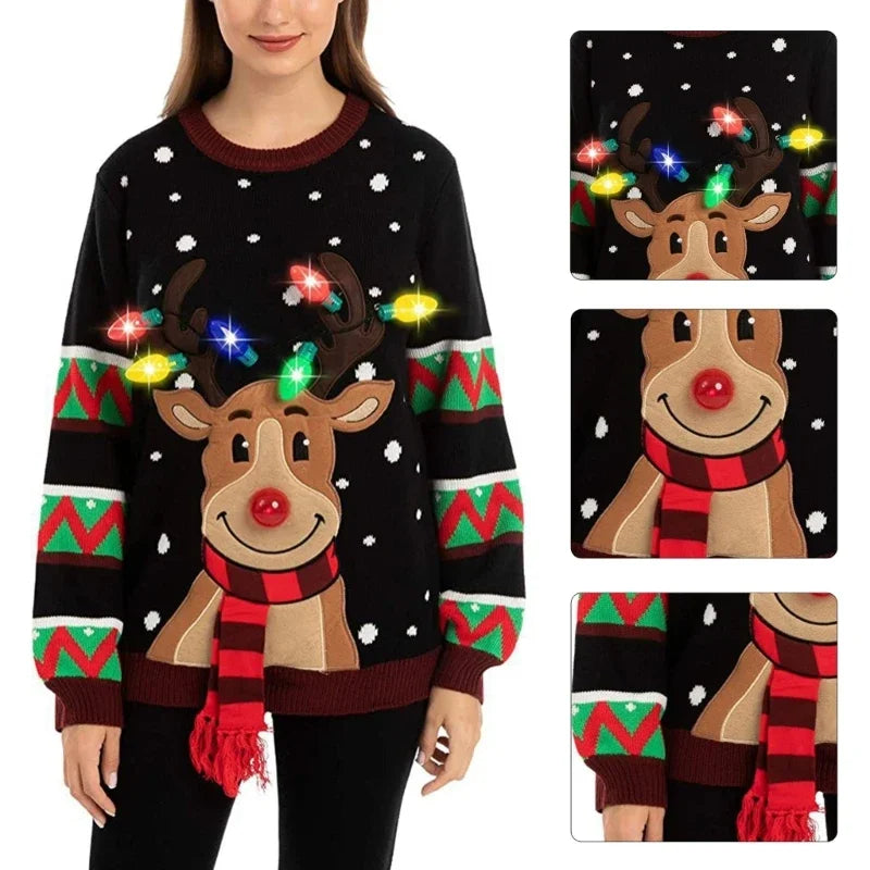 Women 2025 New LED Light Up Holiday Sweater Christmas Cartoon Reindeer Knit Pullover Top