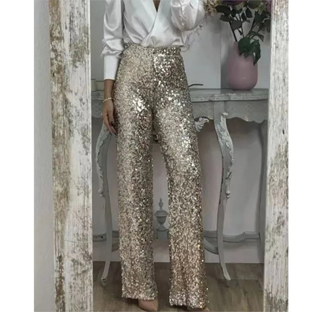 Fashion Sequin Slim Women's Long Pants Spring And Summer New Simple Elegant Party Women Stretch Straight Flared Long Pants 2025