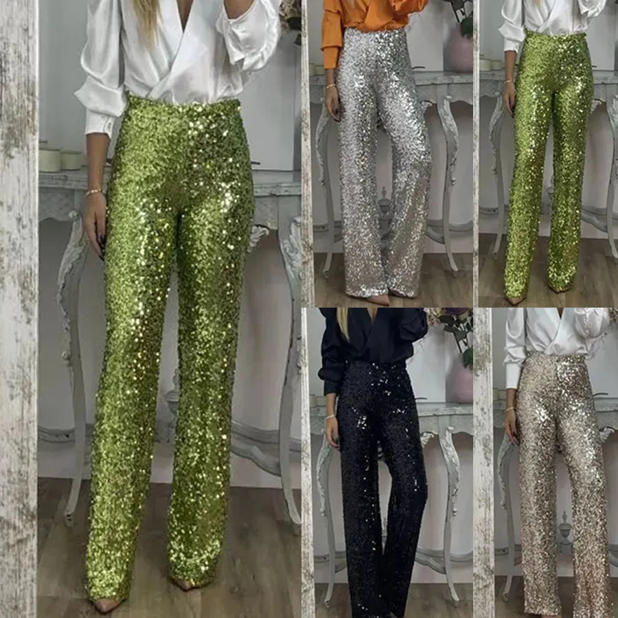 Fashion Sequin Slim Women's Long Pants Spring And Summer New Simple Elegant Party Women Stretch Straight Flared Long Pants 2025