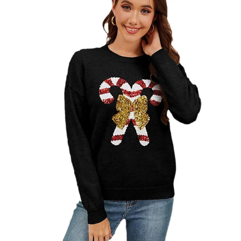 Women's Christmas Sweater with Sequin Candy Cane Bow Pattern Long Sleeve Knitted Pullover for Festive Holiday Outfits