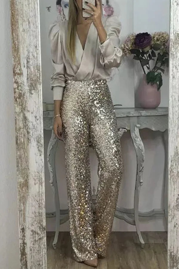 Fashion Sequin Slim Women's Long Pants Spring And Summer New Simple Elegant Party Women Stretch Straight Flared Long Pants 2025