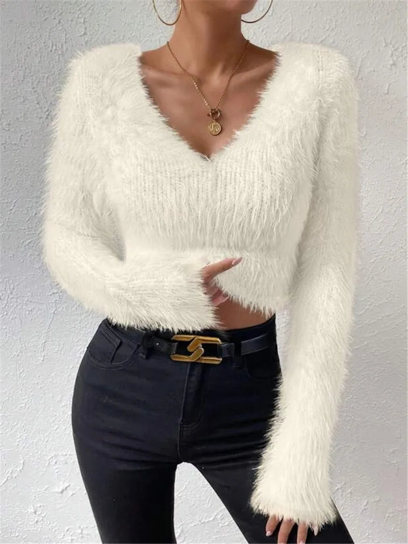 Women's Sweater Sexy V Neck Fashion Long Sleeve Slim Solid Color Cropped Top