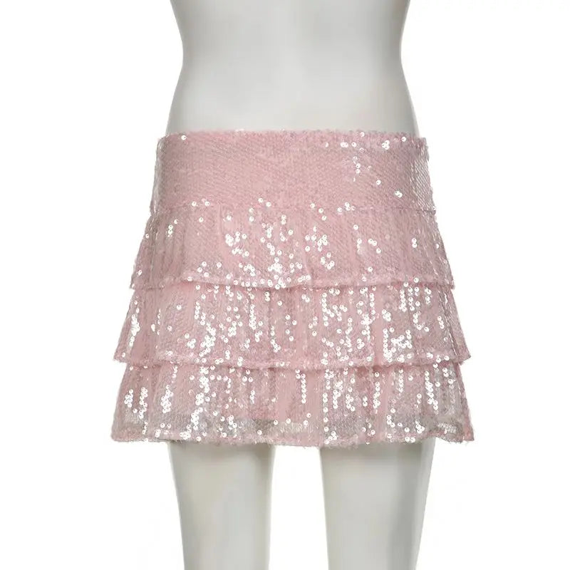 Sequin Skirt Women Pink Skirts for Sweet and Hot Girls Mesh Cake Skirt Summer New Chic Sexy Slim Fit Short Skirt for Women