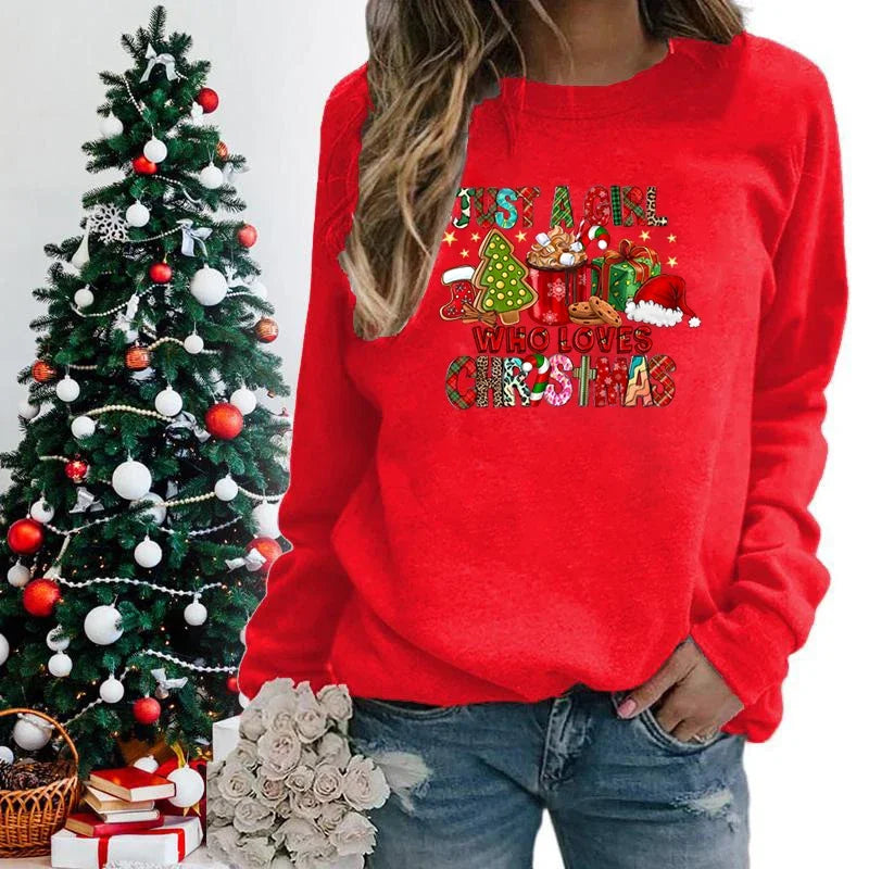 Women's Christmas Sweatshirts Just A Girl Who Loves Christmas Printed Lover Pullovers Holiday Winter Autumn Tops Clothing Y2k