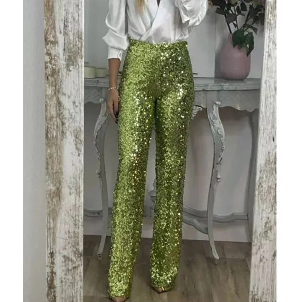 Fashion Sequin Slim Women's Long Pants Spring And Summer New Simple Elegant Party Women Stretch Straight Flared Long Pants 2025