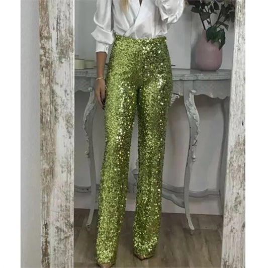 Fashion Sequin Slim Women's Long Pants Spring And Summer New Simple Elegant Party Women Stretch Straight Flared Long Pants 2025