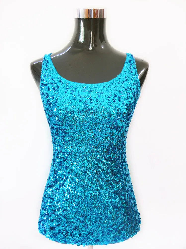 New Women Sequined Spaghetti Camisole Tank Tops Summer Clubwear Tops Sexy Round Neck Sequin Camis Vest Tops Blue