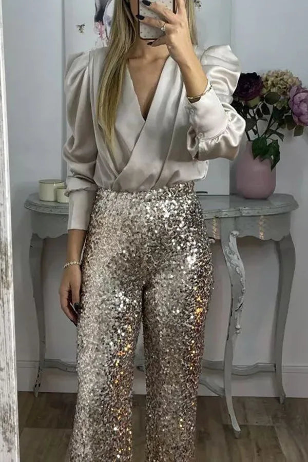 Fashion Sequin Slim Women's Long Pants Spring And Summer New Simple Elegant Party Women Stretch Straight Flared Long Pants 2025