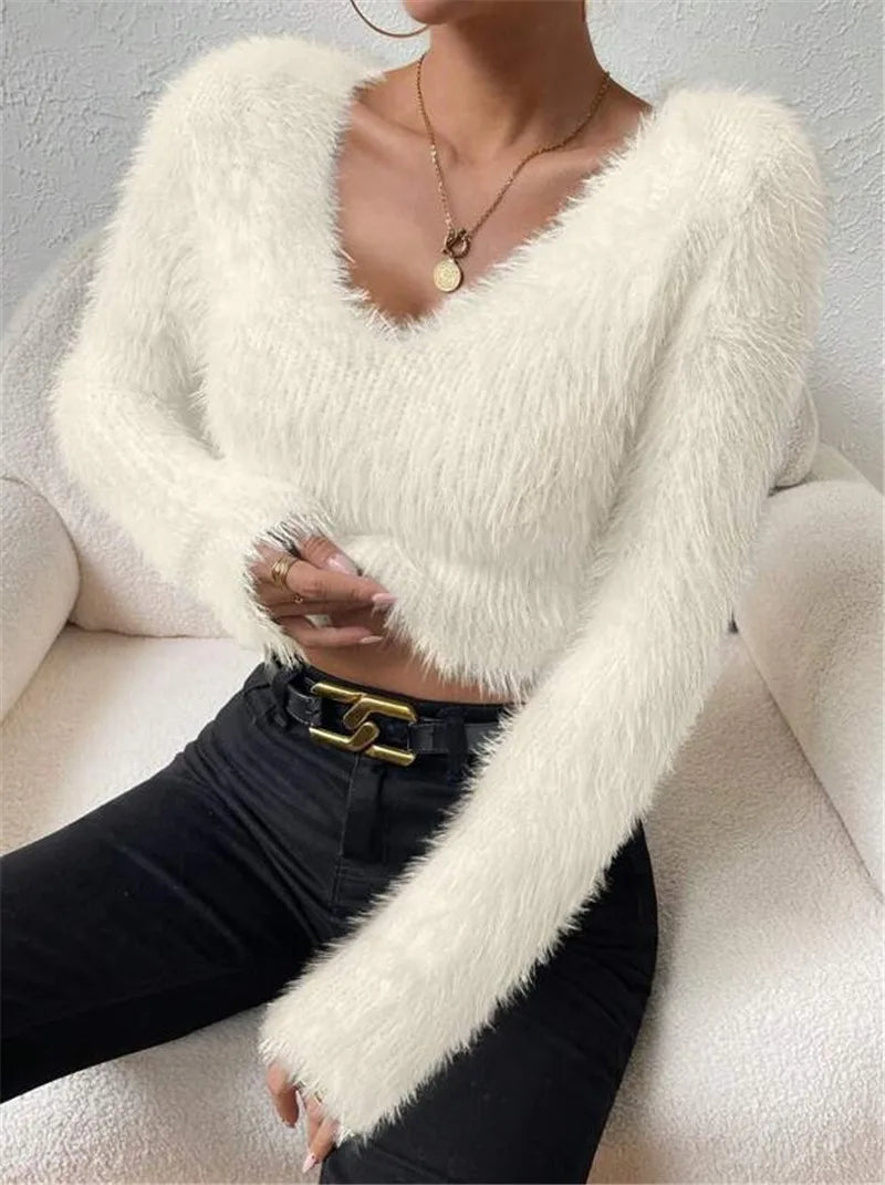 Women's Sweater Sexy V Neck Fashion Long Sleeve Slim Solid Color Cropped Top